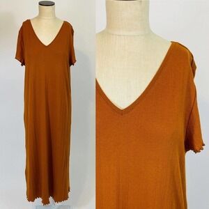Garnet Hill Orange Lettuce Hem Maxi Dress Large Womens Cotton Tencel V-Neck
